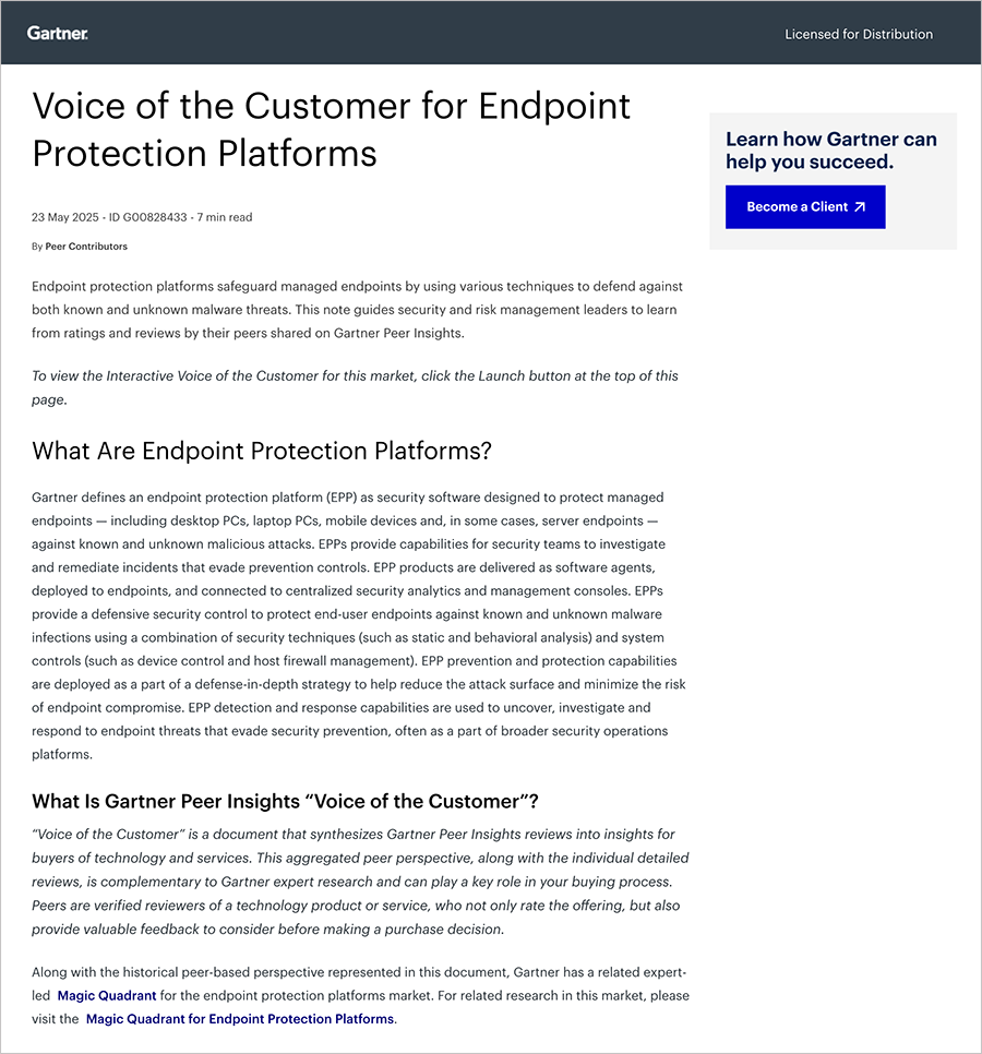 an image of the cover of the 2025 Gartner Voice of the Customer for Endpoint Protection Platforms report.