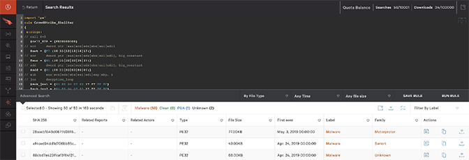 Screenshot of CrowdStrike MalQuery interface