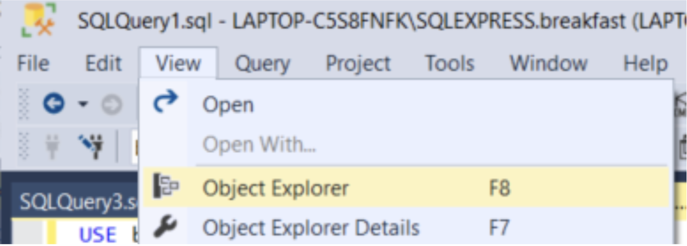 Finding Object Explorer under View tab or clicking F8 key