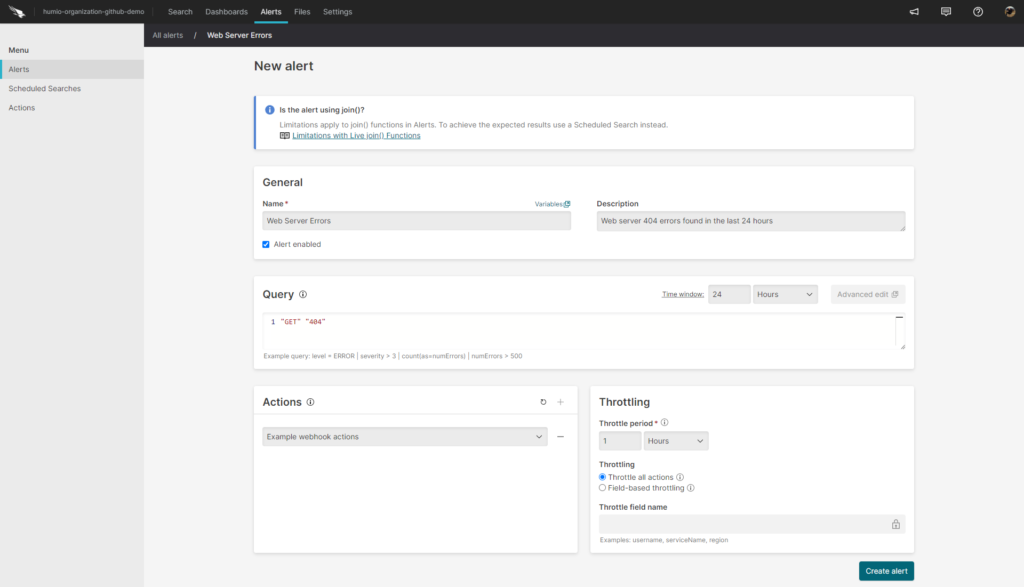 LogScale alert creation