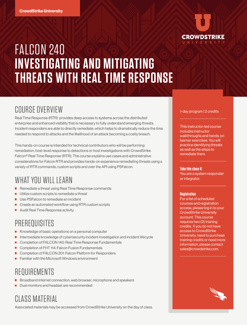 CrowdStrike University FALCON 240 Course Syllabus Data Sheet